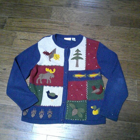 VTG WILDLIFE CARDIGAN 80S TREES LEAVES MOOSE MED PATCHWORK LOOK BACK PAW PRINTS - Picture 1 of 5